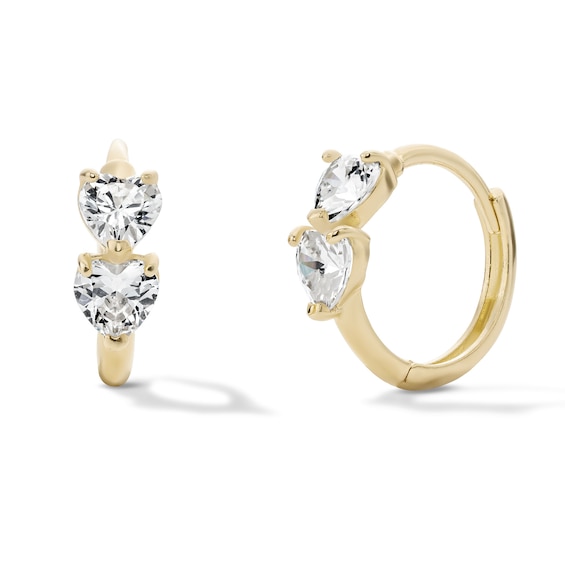 14K Gold Plated CZ Two-Station Heart Huggie Hoops