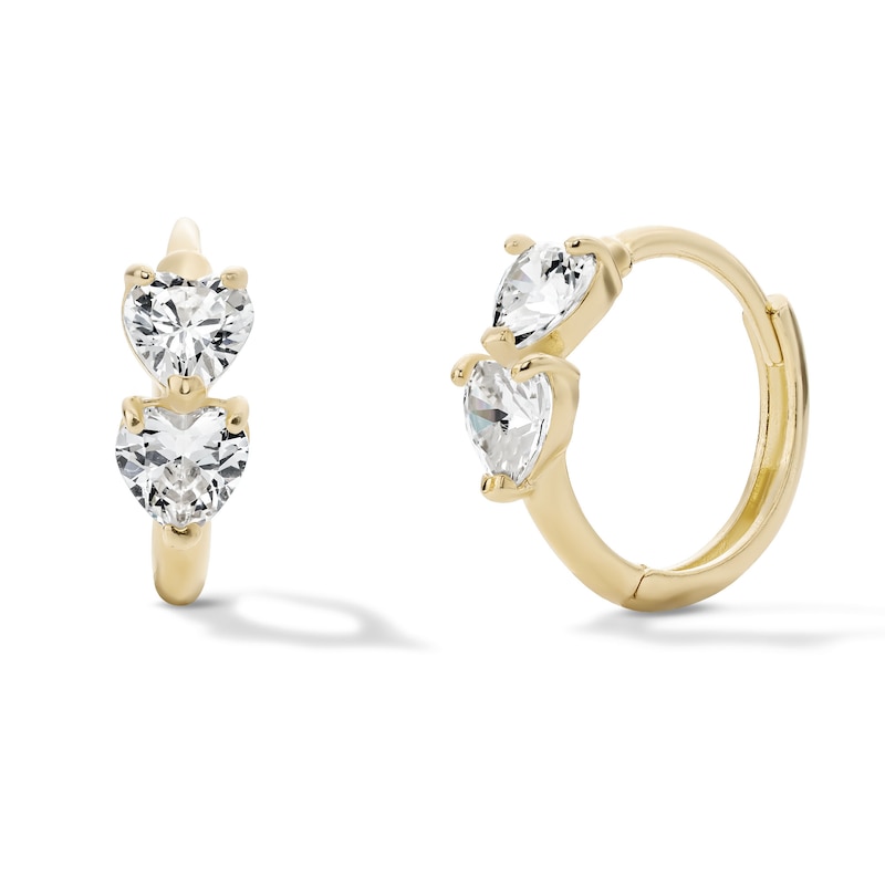 Main Image 1 of 14K Gold Plated CZ Two-Station Heart Huggie Hoops