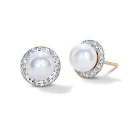 14K Gold Plated Freshwater Cultured Pearl and Crystal Halo Studs