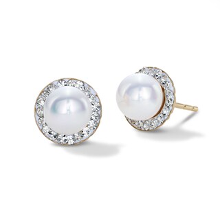 14K Gold Plated Freshwater Cultured Pearl and Crystal Halo Studs