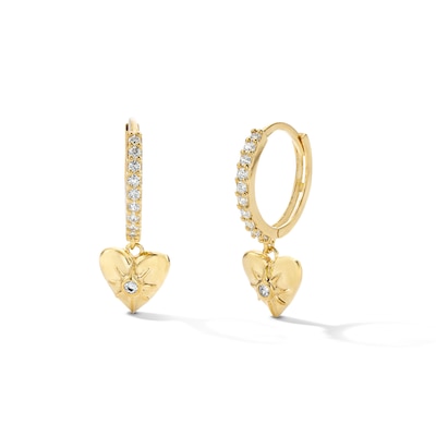14K Gold Plated CZ Heart and Star Dangle Huggie Hoops