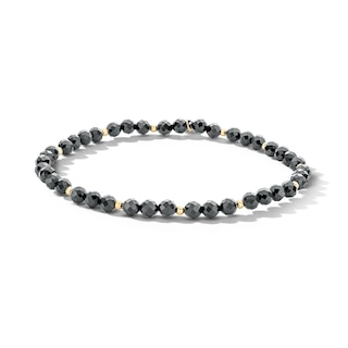 18K Gold Plated Faceted Black Chalcedony Beaded Stretch Bracelet - 7"