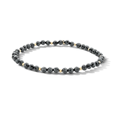 18K Gold Plated Faceted Black Chalcedony Beaded Stretch Bracelet - 7"