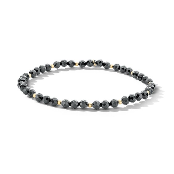18K Gold Plated Faceted Black Chalcedony Beaded Stretch Bracelet - 7"