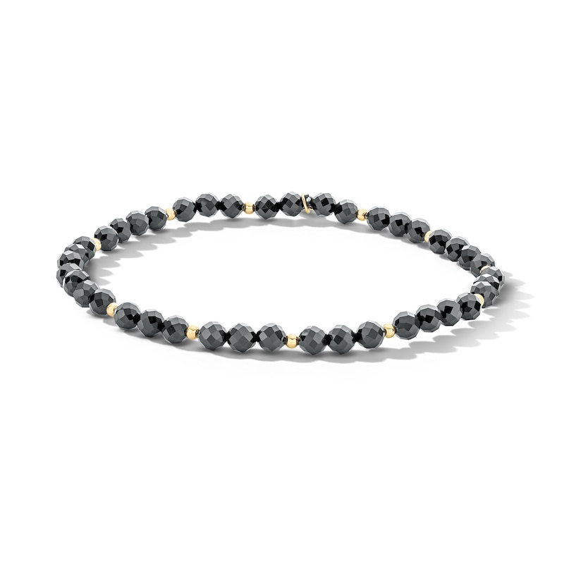 Main Image 1 of 18K Gold Plated Faceted Black Chalcedony Beaded Stretch Bracelet - 7"
