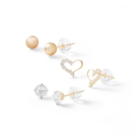 14K Gold Plated CZ Solitaire, Heart, and Ball Stud Set
