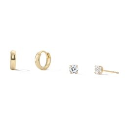 14K Gold Plated 4mm CZ Round Solitaire and Huggie Hoop Set