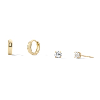 14K Gold Plated 4mm CZ Round Solitaire and Huggie Hoop Set