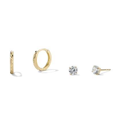 14K Gold Plated CZ Round Stud and Diamond-Cut Huggies Set