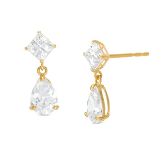 14K Gold Plated CZ Square and Pear Dangle Earrings