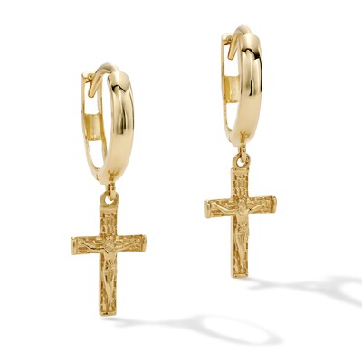 14K Gold Plated Textured Crucifix Huggie Hoops
