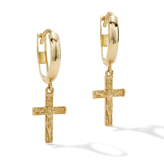 14K Gold Plated Textured Crucifix Huggie Hoops