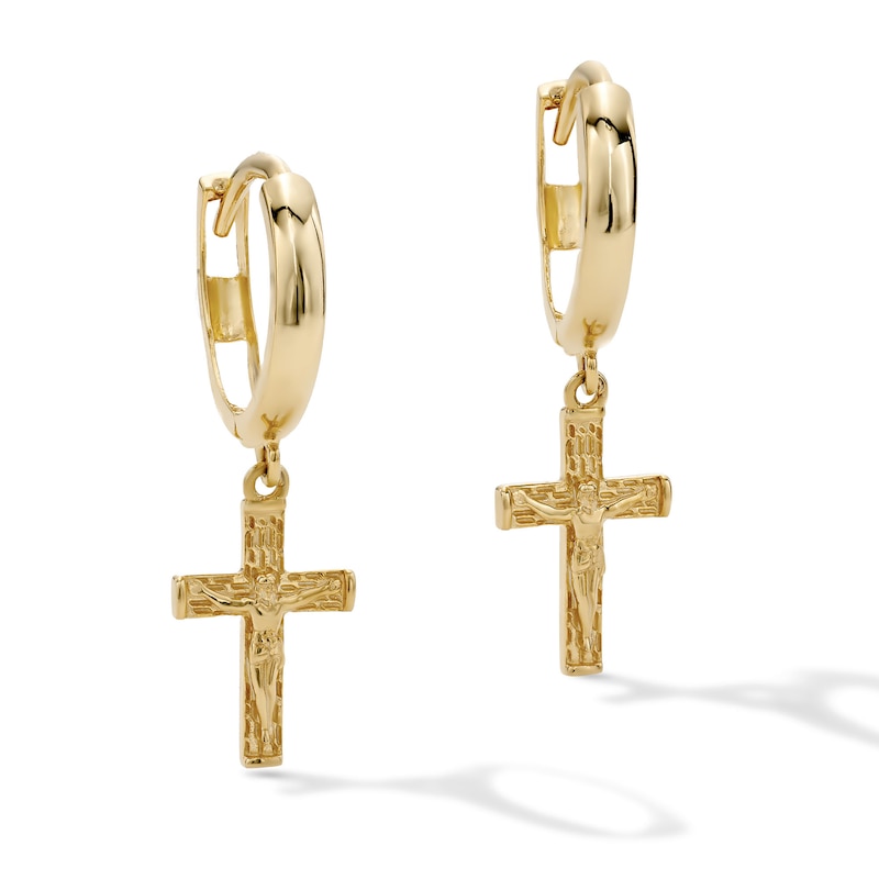 Main Image 1 of 14K Gold Plated Textured Crucifix Huggie Hoops