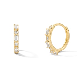 14K Gold Plated CZ Round and Baguette Ribbon Huggie Hoops