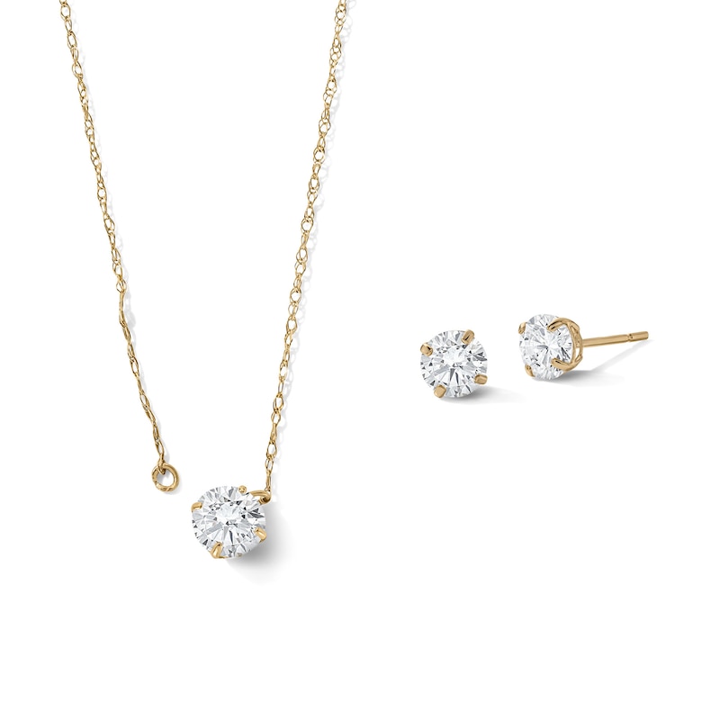 14K Gold Plated CZ Solitaire Studs and Necklace Set