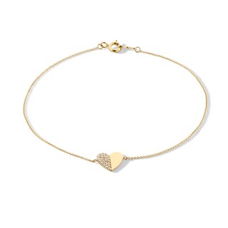 14K Gold Plated CZ Pavé and Polished Heart Bracelet - 7.5"
