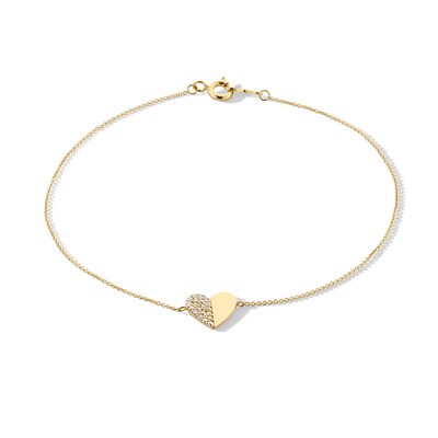 14K Gold Plated CZ Pavé and Polished Heart Bracelet - 7.5"