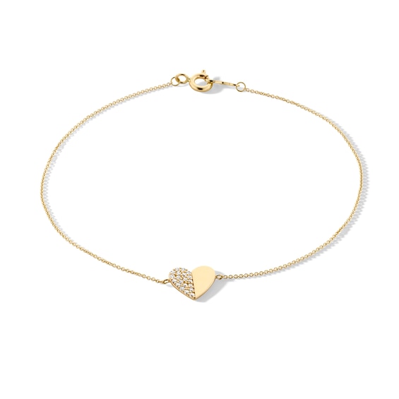 14K Gold Plated CZ Pavé and Polished Heart Bracelet - 7.5"