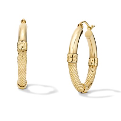 14K Gold Plated Hollow 25mm Diamond-Cut Textured Hoops