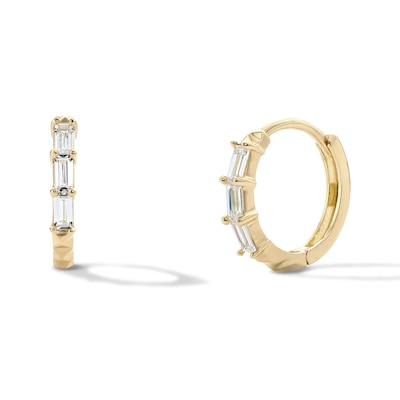 14K Gold Plated CZ Three-Stone Baguette Textured Huggie Hoops