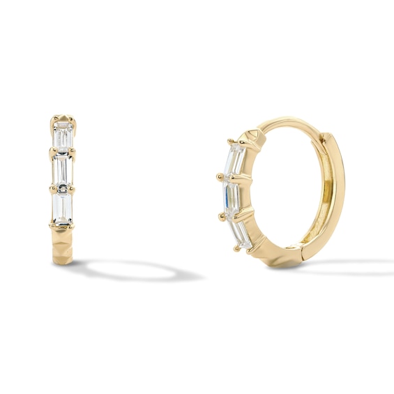 14K Gold Plated CZ Three-Stone Baguette Textured Huggie Hoops
