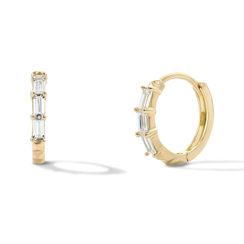 Main Image 1 of 14K Gold Plated CZ Three-Stone Baguette Textured Huggie Hoops