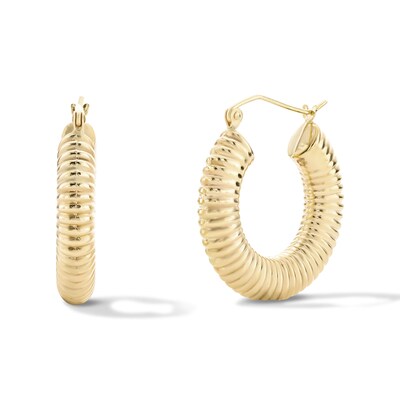 14K Gold Plated Hollow Ribbed Hoops