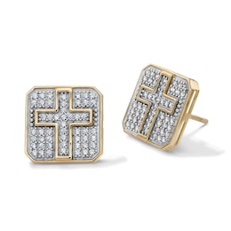 14K Gold Plated CZ Pavé Cross Square Studs