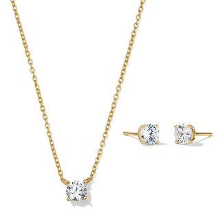 14K Gold Plated CZ Round Solitaire Studs and Necklace Set