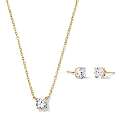 14K Gold Plated CZ Round Solitaire Studs and Necklace Set