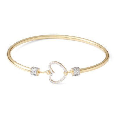 24K Gold Plated CZ Heart Bangle Bracelet - 7"