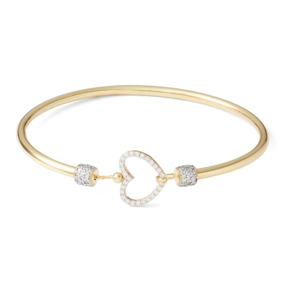 24K Gold Plated CZ Heart Bangle Bracelet - 7"