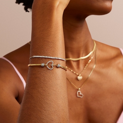 24K Gold Plated CZ Heart Bangle Bracelet - 7"