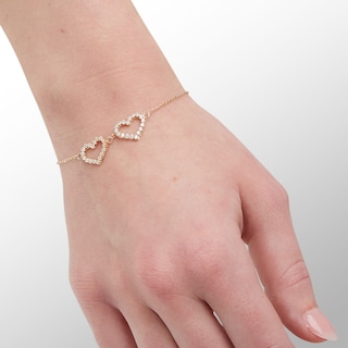 14K Gold Plated CZ Double Heart Bolo Bracelet - 9"
