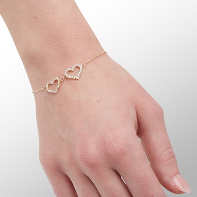14K Gold Plated CZ Double Heart Bolo Bracelet - 9"