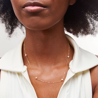 14K Gold Plated Cultured Freshwater Pearl Station Necklace - 16" + 2"