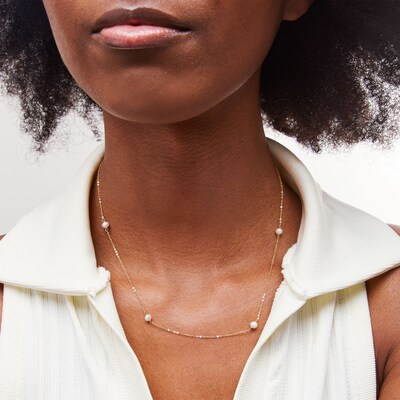 14K Gold Plated Cultured Freshwater Pearl Station Necklace - 16" + 2"