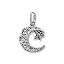 Silver-Plated CZ Filigree Moon & Star Necklace Charm