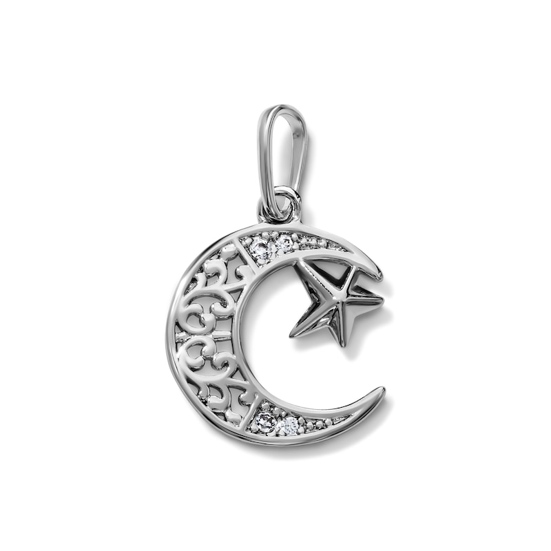 Silver-Plated CZ Filigree Moon & Star Necklace Charm