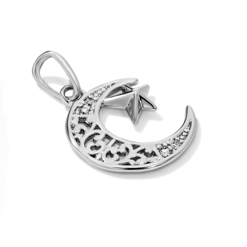 Silver-Plated CZ Filigree Moon & Star Necklace Charm