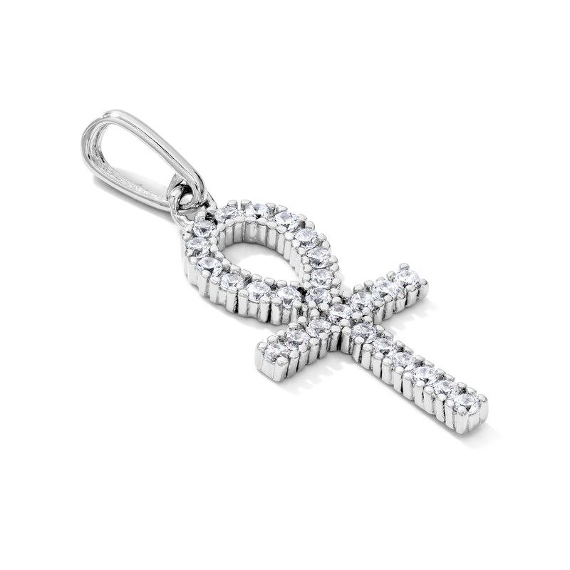 White Rhodium-Plated CZ Ankh Necklace Charm