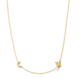 18K Gold Plated Moon and Star Station Necklace - 15" to 18"