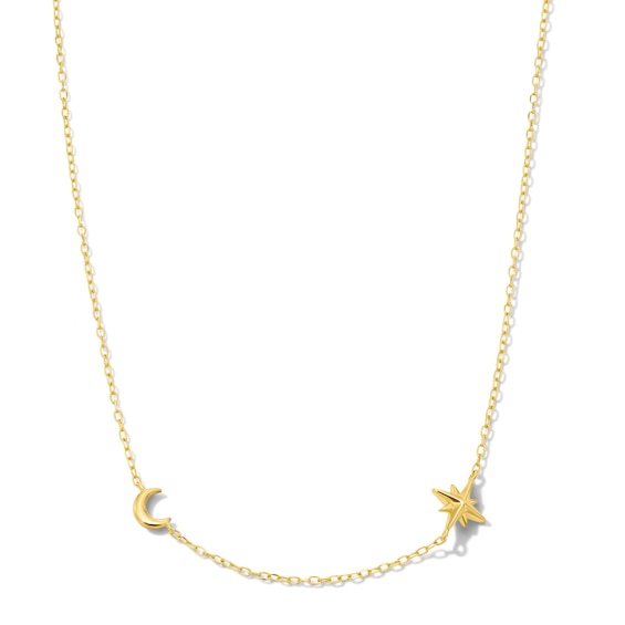 18K Gold Plated Moon and Star Station Necklace - 15" to 18"