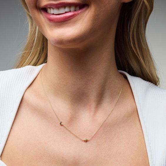 18K Gold Plated Moon and Star Station Necklace - 15" to 18"