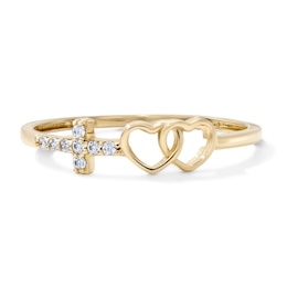 14K Gold Plated CZ Cross Double Heart Ring - Size 7