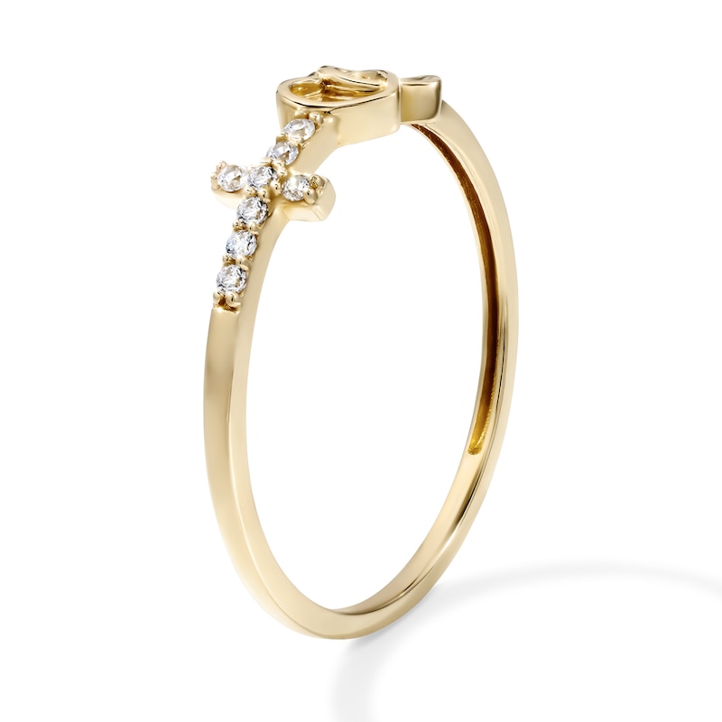 14K Gold Plated CZ Cross Doiuble Heart Ring - Size 7