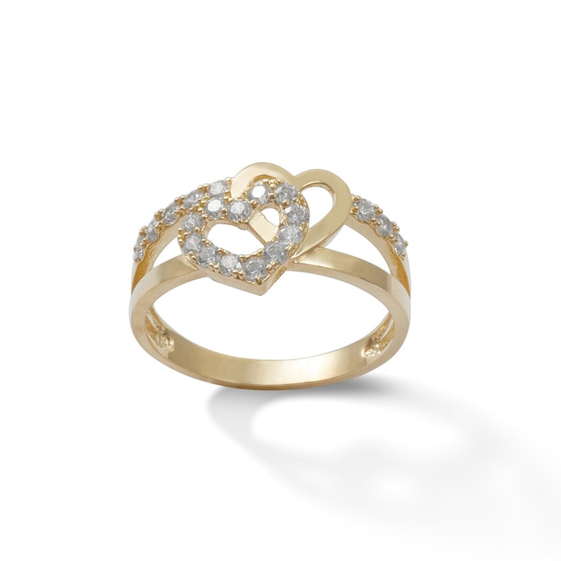 14K Gold Plated CZ Double Heart Ring - Size 7