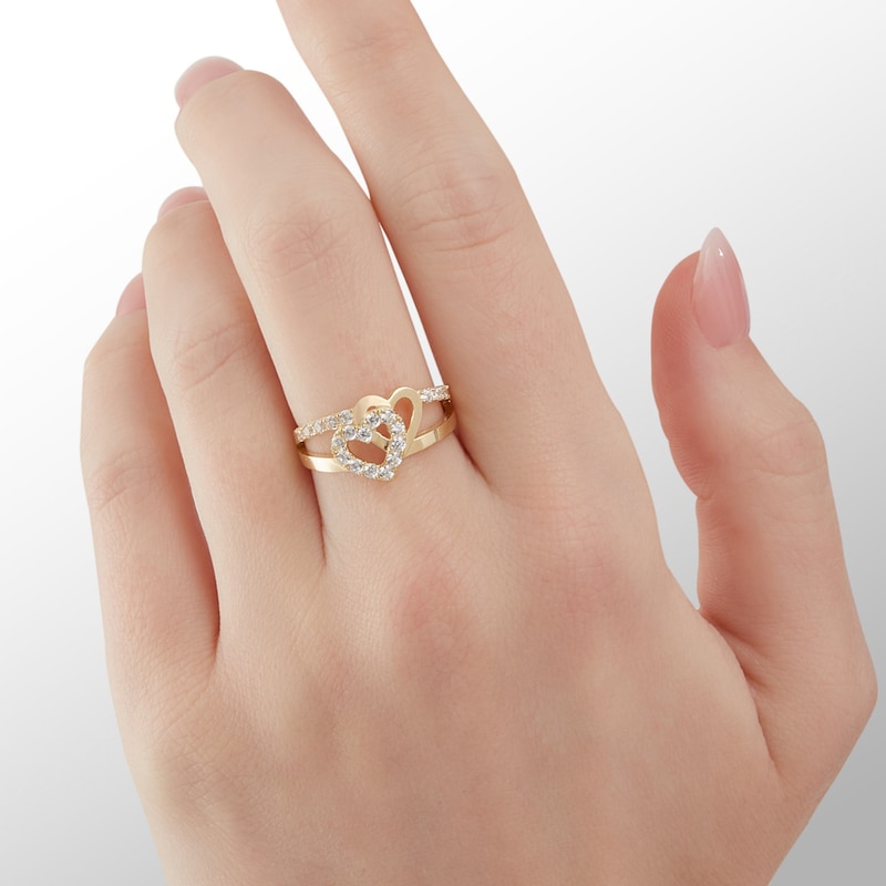 14K Gold Plated CZ Double Heart Ring - Size 7