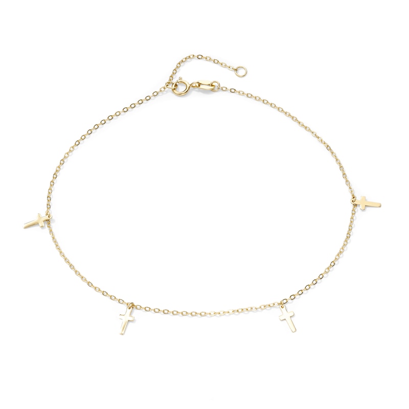 14K Gold-Plated Dangle Cross Station Anklet - 9" + 1"