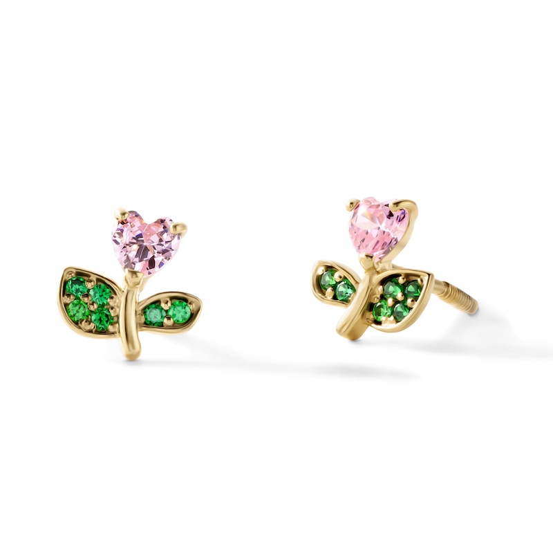 Child's 14K Gold-Plated Pink and Green CZ Flower Studs